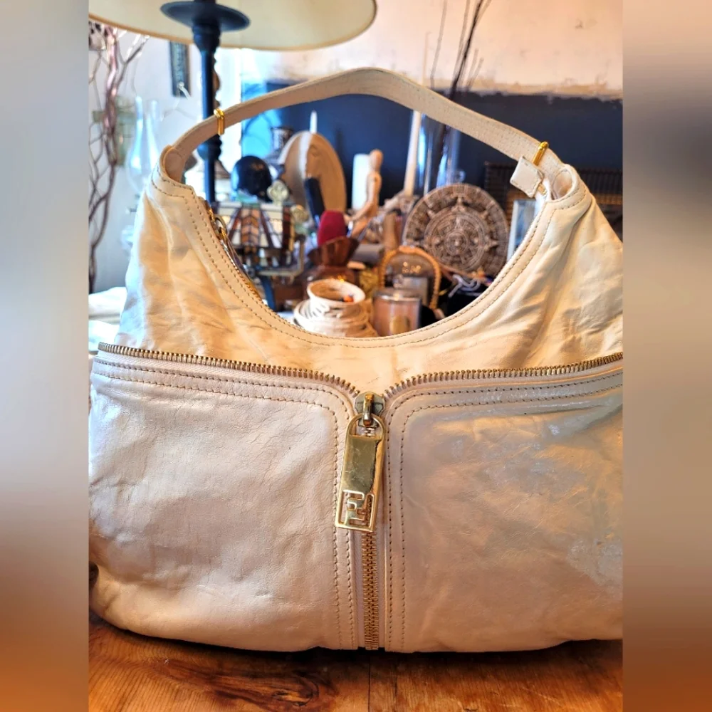 FENDI Zucca Zip Ivory Hobo Shoulder Bag